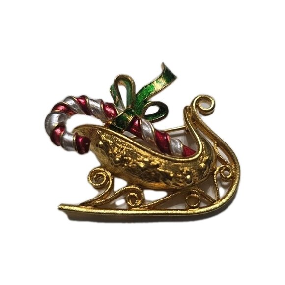 Vintage Sleigh With Candy Cane Pin Brooch Lapel Signed MYLU 2" X 1.75" - Picture 1 of 4